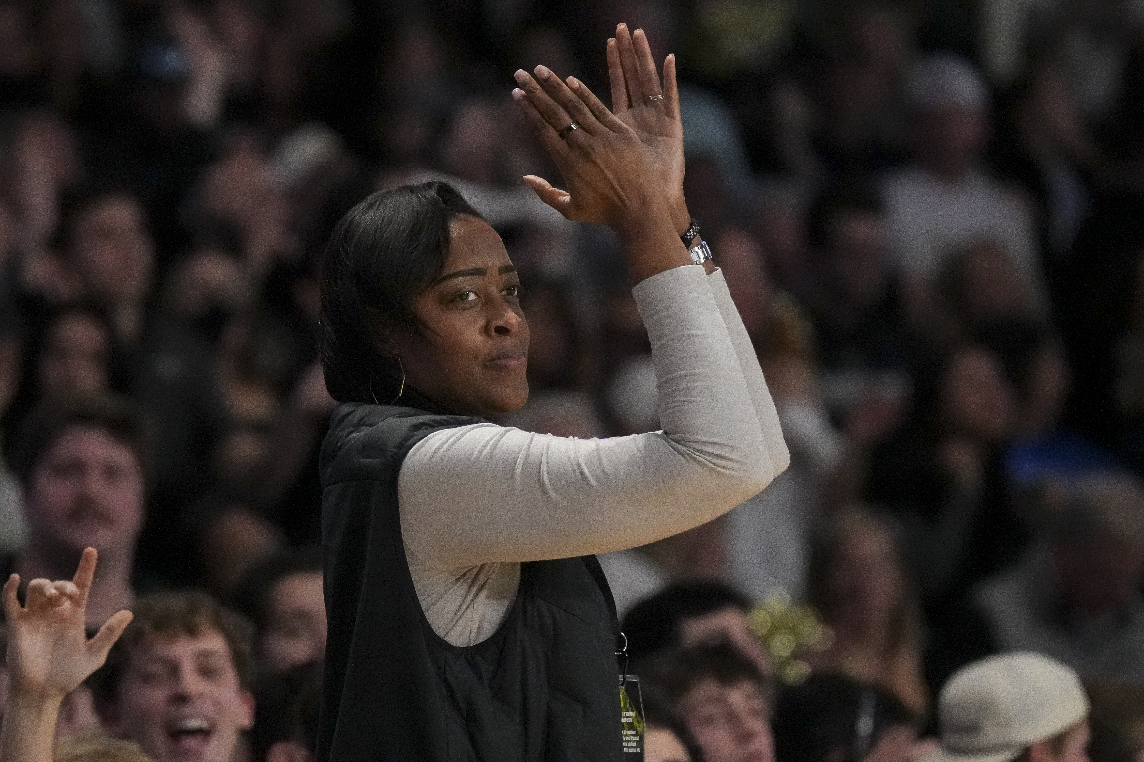 Vanderbilt AD Candice Storey Lee applauds during a recent women’s basketball game. (George Walker IV/AP Photo)