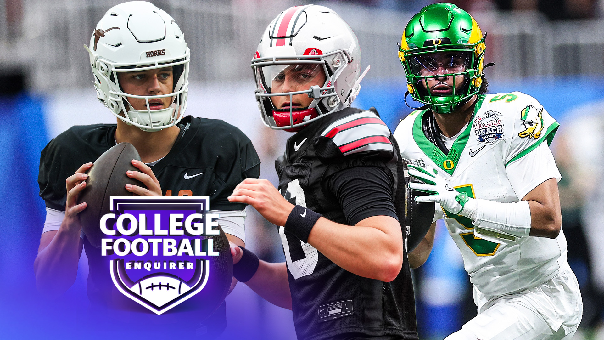 Oregon's Dante Moore, Texas' Arch Manning and Ohio State's Julian Sayin. Photo by Kevin C. Cox/Getty Images. Photo by David Buono/Icon Sportswire via Getty Images. Photo by Jason Mowry/Icon Sportswire via Getty Images