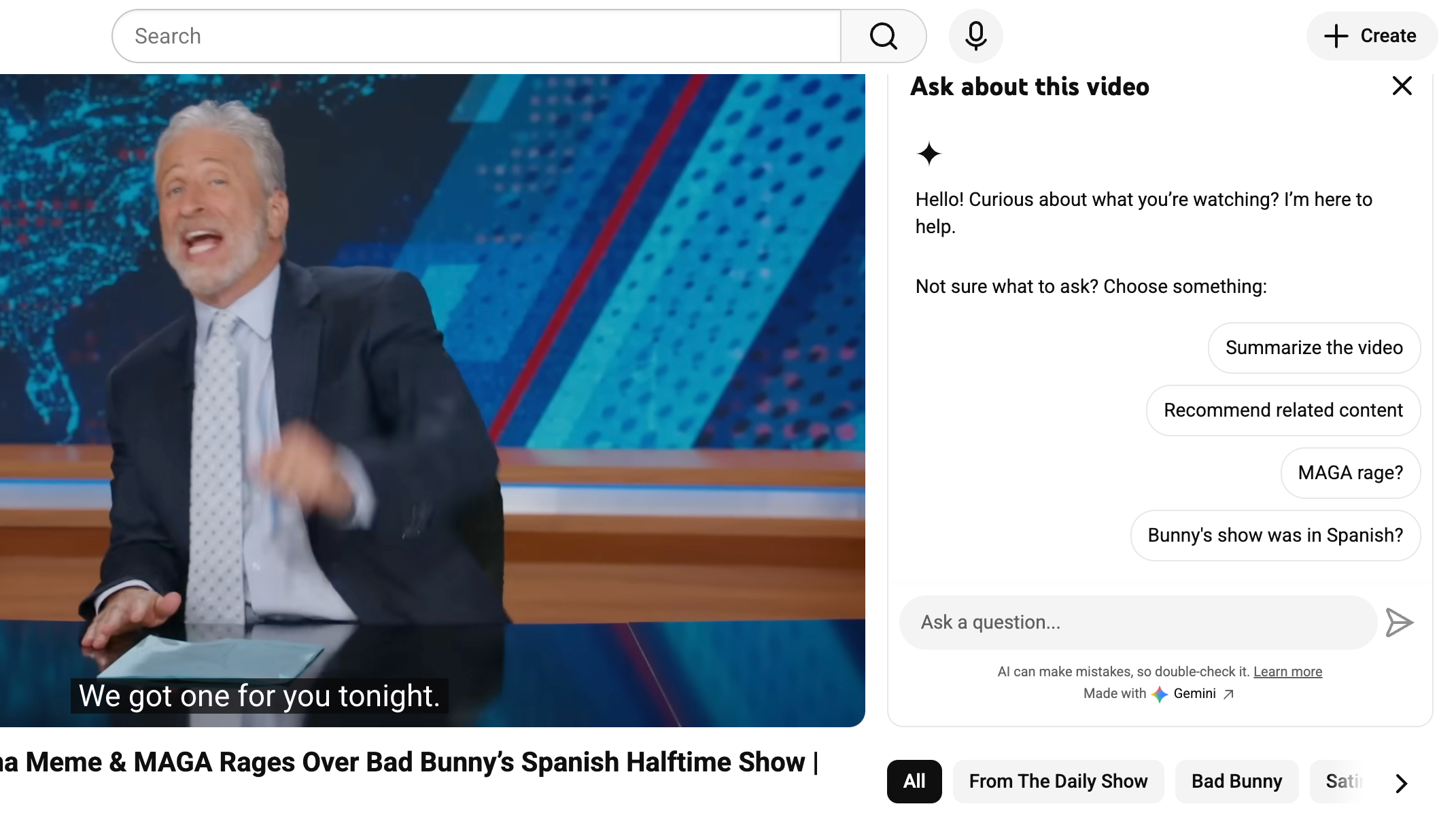 Screenshot of a Daily Show video on YouTube. The "Ask about this video" AI window is active to the right.