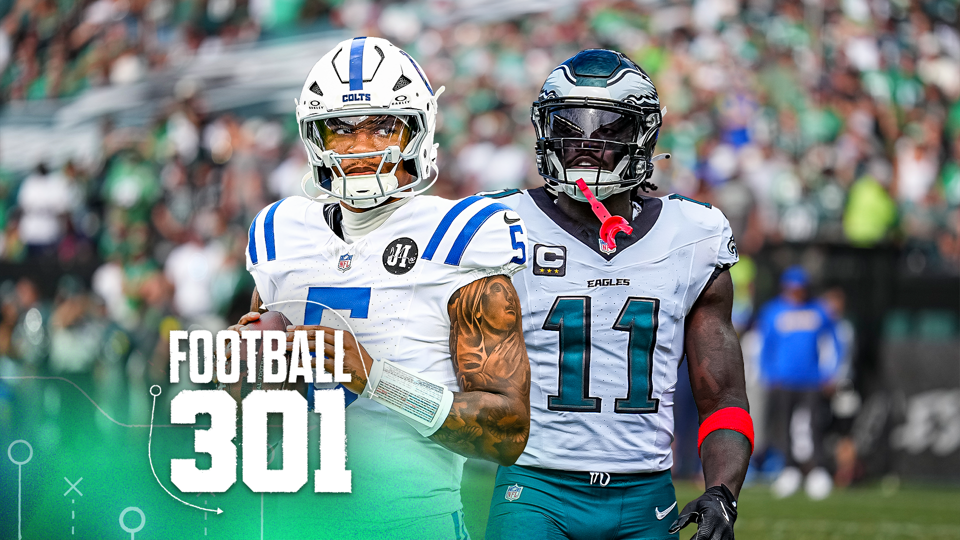 Anthony Richardson Sr. #5 of the Indianapolis Colts and A.J. Brown #11 of the Philadelphia Eagles could both be on the move this NFL offseason. (Greg Fiume & Mitchell Leff/Getty Images)