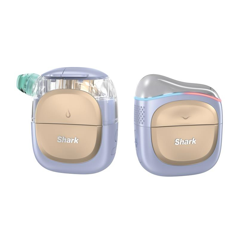 The Shark FacialPro Glow with its exfoliating attachment and with its Depuffi head.